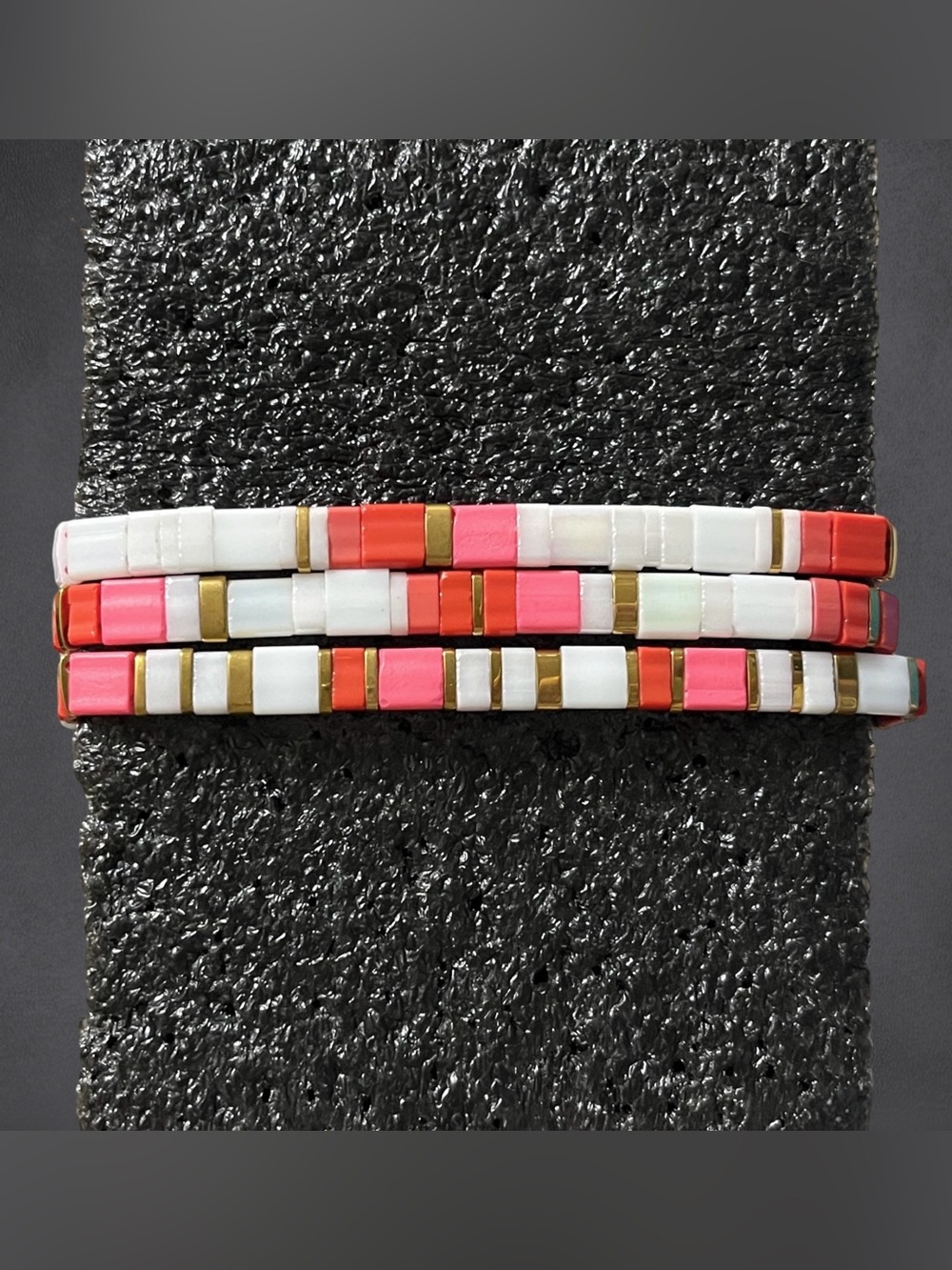 Tile Beaded Stretch Bracelet Set Pink Red Colorblock Stripe Square Bead Stacking